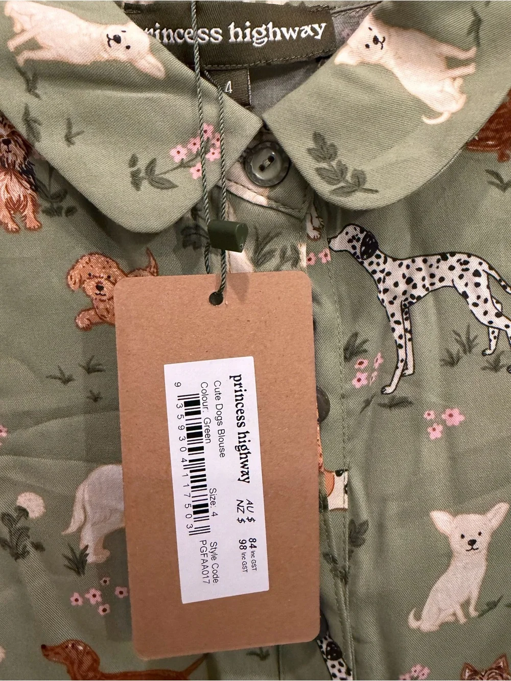 Princess Highway Sage Green Short Sleeve Dog Print Blouse
